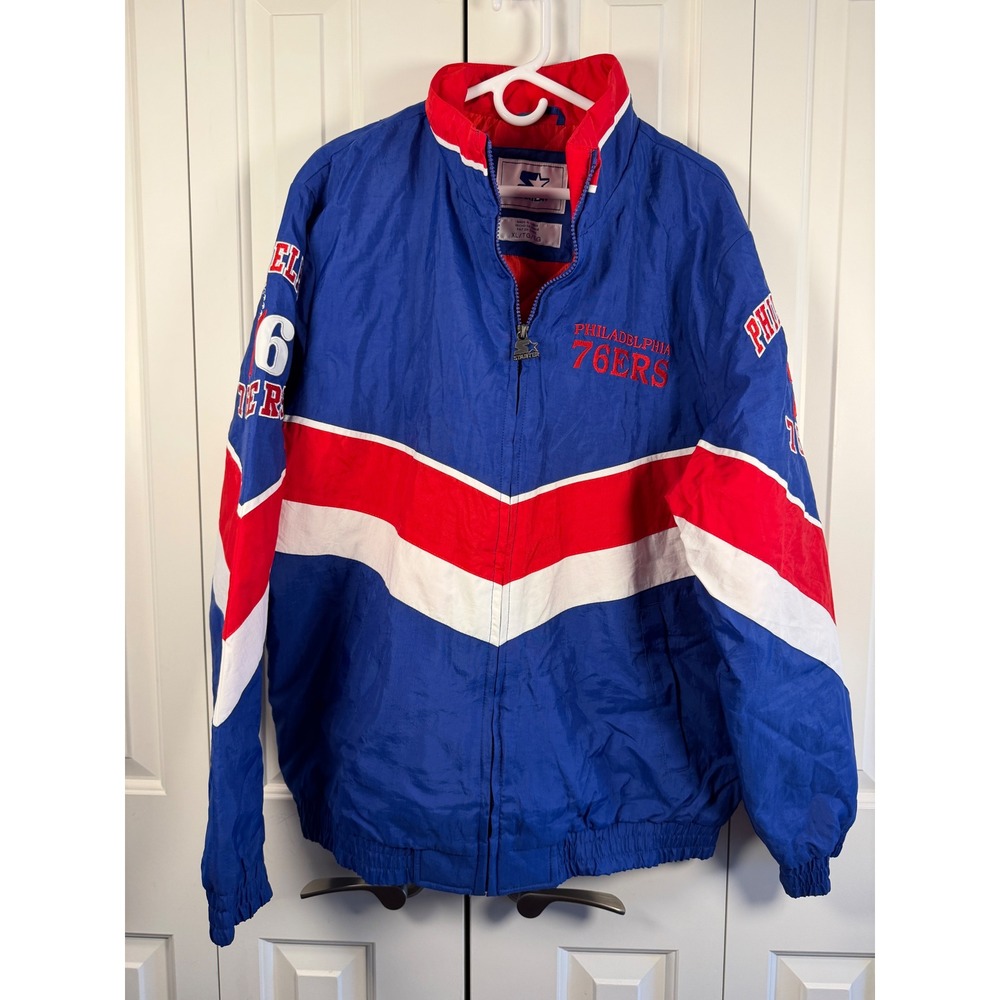 Vintage Starter Philadelphia 76ers Jacket Mens XL Blue Red White Full Zip NBA